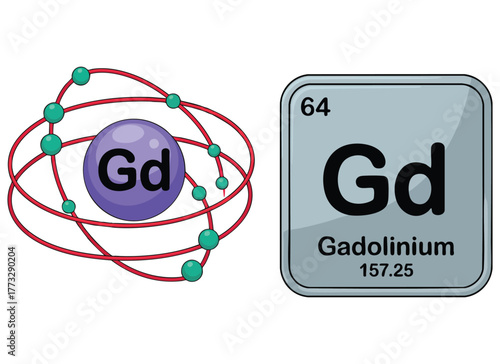 Illustration of Gadolinium symbol with electron diagram isolated vector design ideal for chemistry education science learning or periodic table themed artwork
