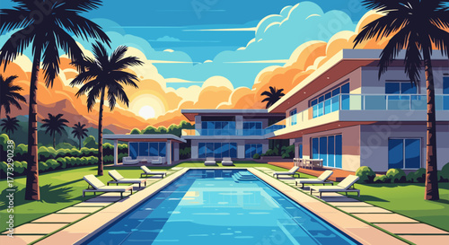 Vibrant tropical luxury villa illustration with a sparkling pool, swaying palm trees, and a beautiful sunset, epitomizing a serene getaway