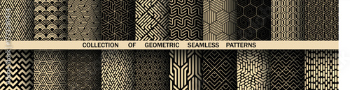Geometric set of seamless black and golden patterns. Simple vector graphics