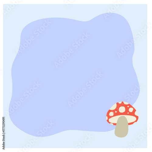 Post-it note, light blue frame, dark blue wave pattern inside, mushrooms on the side.