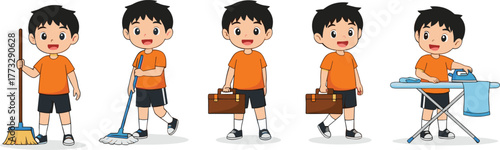 Printcartoon, boy, chores, sweeping, mopping, ironing, walking, briefcase, child, character, daily, activity, task, home, work, illustration, animated, responsibility, routine, education