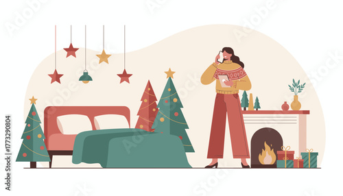 Woman on phone planning Christmas holidays in a cozy decorated bedroom interior with fireplace