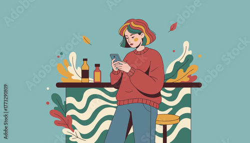 Young woman checks her phone at a colorful bar counter Social media digital communication vector illustration