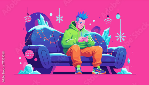 Man with neon hair texts on a festive icy sofa blending punk style with modern digital holidays