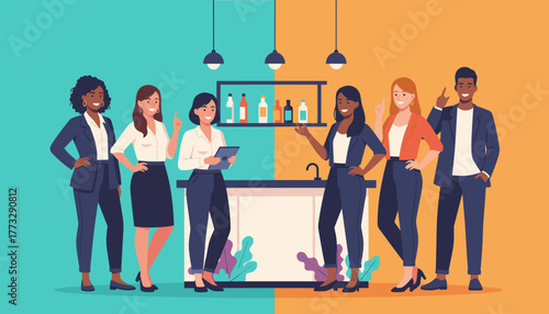 Diverse business team standing at a bar counter showcasing corporate inclusion and professional success