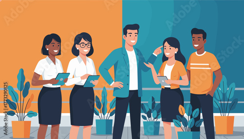 Diverse team of professionals collaborating with tablets in a modern vibrant office setting