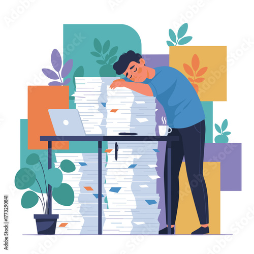 Tired employee sleeping on a huge stack of paperwork representing work overload and burnout stress