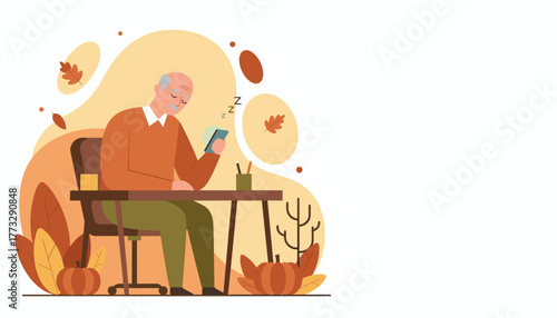 Elderly man dozing off while using a mobile phone at a desk in a cozy autumn illustration