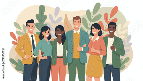 Diverse professional team smiling together symbolizing collaboration success and confidence