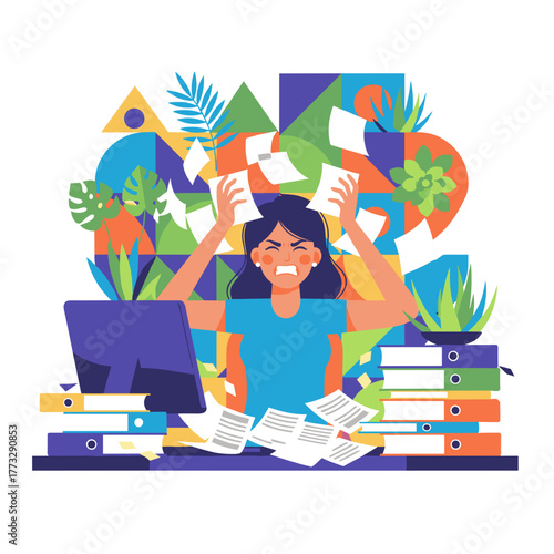 Overwhelmed businesswoman stressed at office desk full of paperwork managing burnout and workload