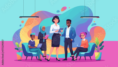 Diverse team collaborating on a project in a vibrant modern office environment