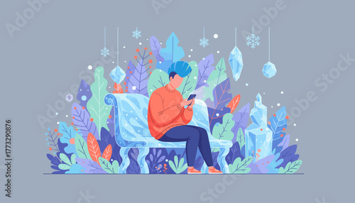 Man using phone on ice bench surrounded by crystals and colorful plants
