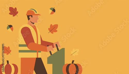 Fall maintenance worker vector illustration Seasonal labor safety leaves and pumpkins background