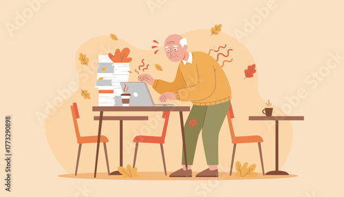 Overwhelmed senior man buried under a huge paperwork workload struggling with technology