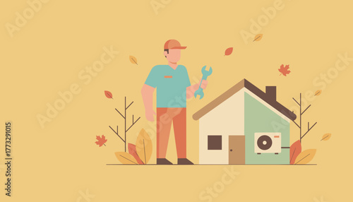 HVAC repairman performing home service during the autumn season