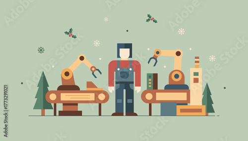Industrial automation and factory worker illustration in a holiday winter setting