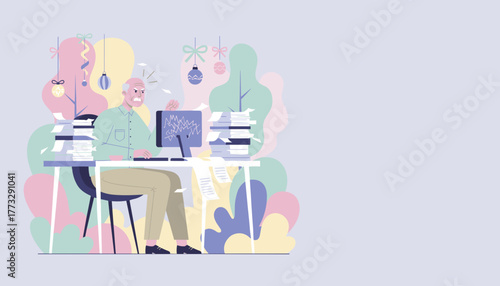 Angry businessman overwhelmed by holiday work stress paperwork and deadlines