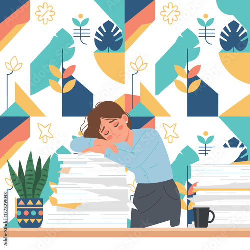 Exhausted businesswoman sleeping on a huge stack of paperwork symbolizing work overload and burnout