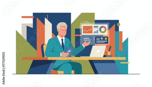 Senior executive analyzing financial data and growth charts in a modern corporate office illustration