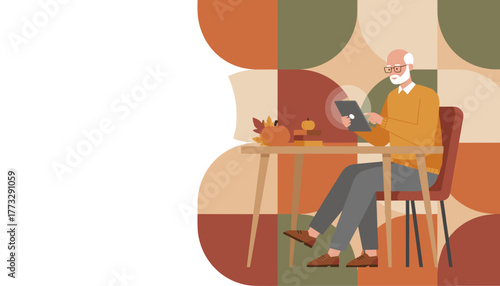 Senior man using tablet in cozy autumnal setting Digital literacy concept