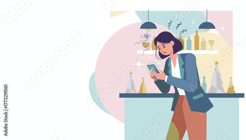 Worried businesswoman checking her smartphone at a festive bar experiencing holiday stress