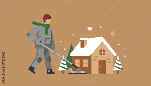 Winter illustration of a person clearing snow outside a home emphasizing seasonal maintenance and chores