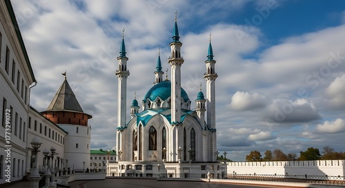 Kul Sharif Mosque in Kazan Kremlin under a cloudy sky.