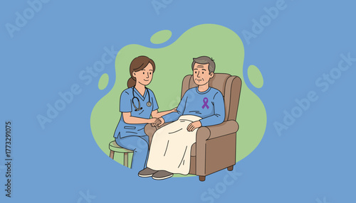 Nurse supports senior man with purple ribbon illustrating care health and disease awareness