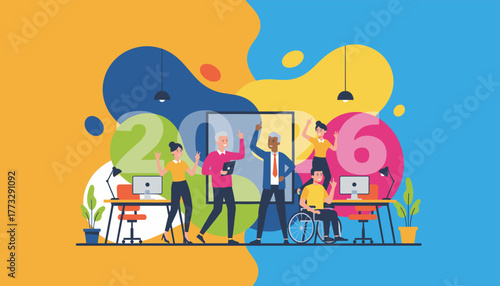 Happy diverse business team celebrating success in 2026 Inclusive workplace vector
