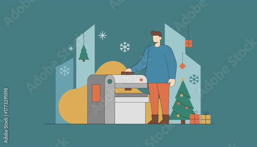 Seasonal industrial production Man operates machine near Christmas tree and gifts