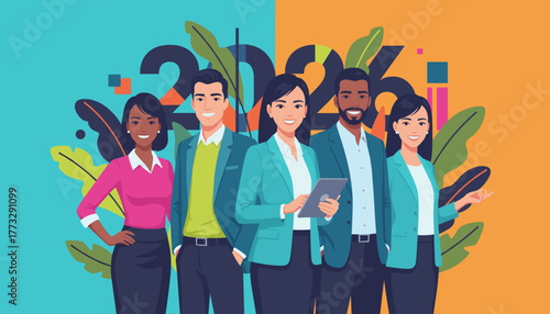 Diverse professional team celebrating 2024 success and planning the future Flat illustration