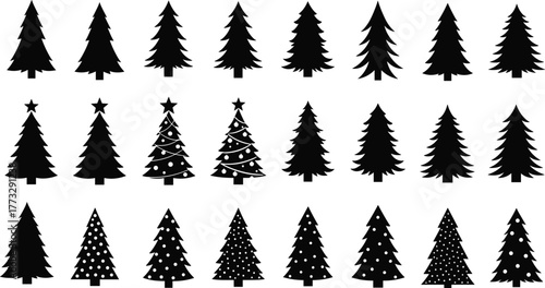 Tableau sur toile PrintChristmas tree silhouettes, black vector trees, holiday icons, festive deco