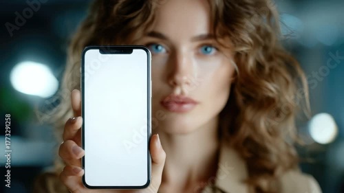 Close-up of a young woman showcasing a blank smartphone screen with a soft-focus background, highlighting modern technology and personal style.