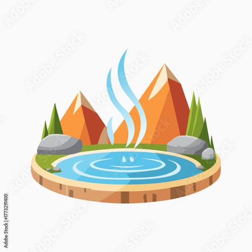 Scenic hot spring surrounded by mountains and nature.