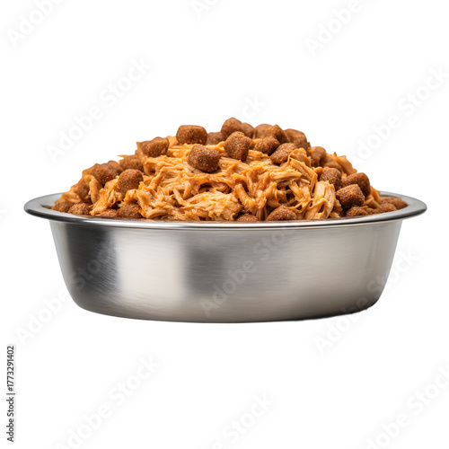 Premium wet and dry pet food in a steel bowl. Gourmet shredded chicken in gravy mixed with kibble for dogs or cats. Isolated on black background.