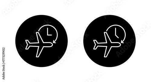 Flight delay icon in black circle. Airplane with clock and circular arrow symbol for schedule change