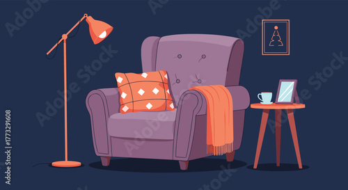 A cozy evening interior scene featuring a comfortable purple armchair with an orange throw blanket and cushion, illuminated by a warm floor lamp, next to a small side table.