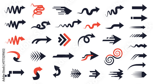 A diverse collection of modern arrow icons in black and red, showcasing various styles, movements, and directions for web design and infographic elements.