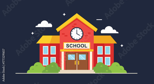 A flat-design illustration of a red school building with a yellow roof, a clock, and a 'SCHOOL' sign, set against a dark sky with clouds and stars, symbolizing education and learning.