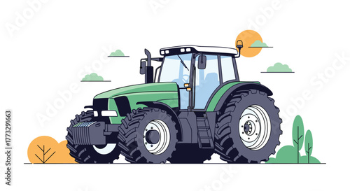 A modern green agricultural tractor with large tires and a driver's cab is depicted in a clean flat illustration against a minimalistic white background with stylized natural elements.