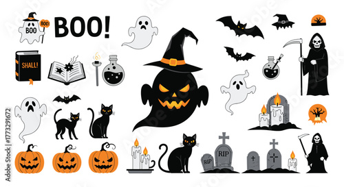 A playful yet spooky collection of Halloween-themed flat design icons, featuring ghosts, jack-o'-lanterns, black cats, bats, grim reapers, and magical elements on a white background.