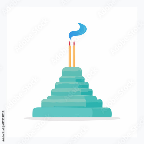 Stylized tiered pagoda with two burning candles.