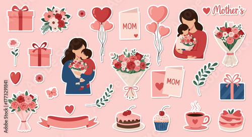 A heartwarming collection of flat lay Mother's Day themed stickers and elements, perfect for celebrating maternal love and appreciation.