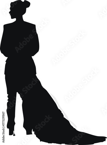 Fashion woman silhouette turning back with flowy dress isolated on white background, Minimal woman fashion silhouette with flowing gown, Elegant female figure turning back flowy dress vector