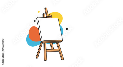A simple illustration of a wooden easel holding a blank white canvas, set against a background of abstract colorful shapes, symbolizing creativity and potential.