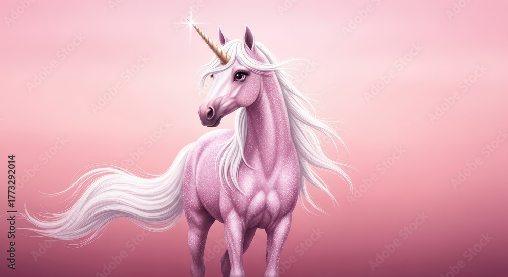 Naklejka premium Majestic Pink Unicorn with Flowing Mane and Horn.