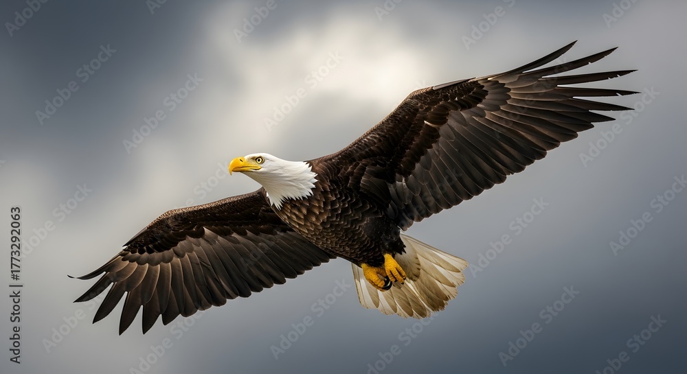 Naklejka premium Majestic Bald Eagle Soaring Through a Dramatic Cloudy Sky
