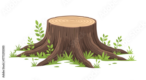 A cartoon illustration of a sturdy tree stump with visible growth rings and young green plants sprouting around its base on a white background, symbolizing new life.