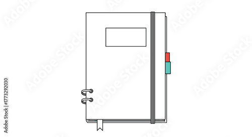 A simple, clean illustration of a white spiral-bound notebook featuring a label on the cover, an elastic closure band, colorful page markers, and a bookmark ribbon.