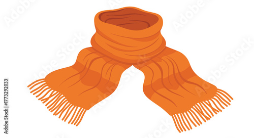 Stylized illustration of a cozy orange knitted scarf with fringes, gracefully draped around an implied neck, signifying warmth and comfort for cold weather fashion.